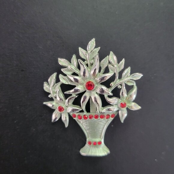 Vintage Silver Flower Basket Brooch With Red Rhinestones & Leaf Design - Picture 1 of 3